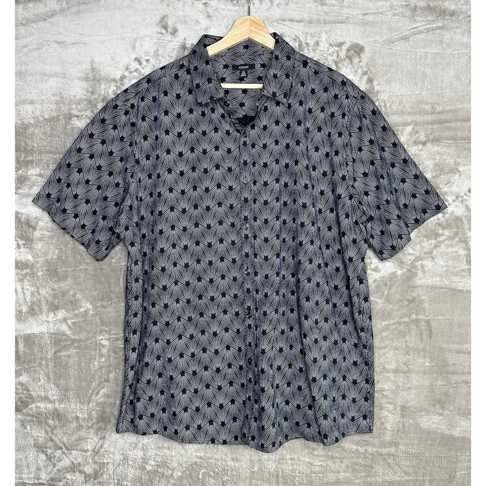 Alfani XXL Black Cotton Geometric Men's Short Sleeve Button-Up Shirt